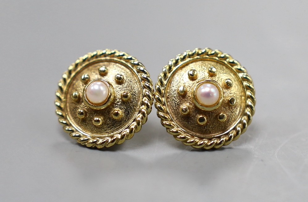 A modern pair of 585 yellow metal and cultured pearl set circular earrings, 15mm, gross weight 6.3 grams.